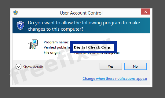 Screenshot where Digital Check Corp. appears as the verified publisher in the UAC dialog